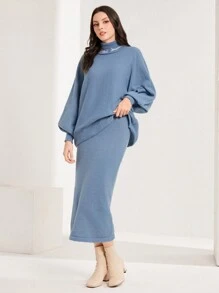 字母刺繡高領蝙蝠袖毛衣和針織裙 - 藍色 - 查看 4