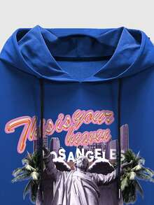 ROMWE MEN Street Life Men Angel Slogan Printed Hoodie - Blue - View 7