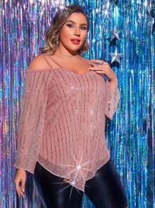 Slaydiva 大碼挖肩不對稱下擺亮片襯衫 - 粉色 - 查看 1