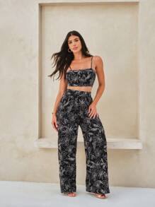 Shein花型黑白色2件套件女性上衣和寬褲 - 黑與白 - 查看 5