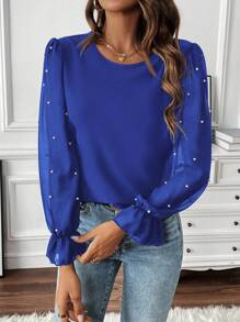 SHEIN Clasi 仿珍珠和串珠网眼对比衬衫 - 寶藍色 - 查看 3