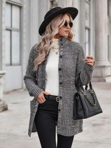 SHEIN LUNE Túi Kép Thả vai Nút phía trước Áo len Mở - Xám - Xem 1