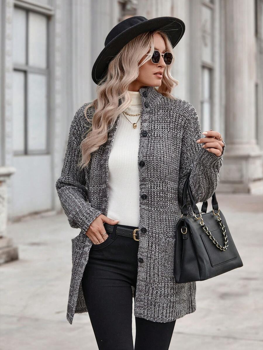 SHEIN LUNE Túi Kép Thả vai Nút phía trước Áo len Mở - Xám - Xem 1