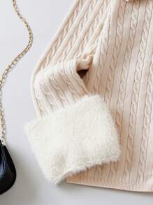 SHEIN Tween Girl Borg Collar Zip Up Cable Knit Cardigan