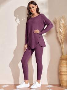 SHEIN LUNE Solid Button Detail Tee & Leggings - Purple - View 5