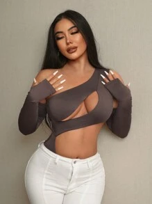 SHEIN SXY Body de cuello asimétrico con abertura - Marrón - Ver 6