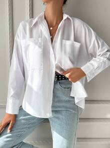 EURMUSE Women's Button-down Shirt With Patch Pocket And Drop-shoulder Design - White - View 5