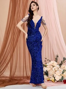 LOVE&LEMONADE Mesh Insert Sequin Mermaid Hem Dress - Blue - View 5