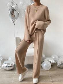 Chiquease Tay Raglan Áo len & Quần dệt kim - Lạc đà - Xem 6