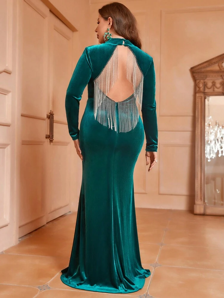 Plus Size Backless Rhinestone Decorated Fringe Sexy And Elegant Mermaid Formal Dress For Banquet (heavy Work Type)