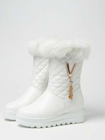Must-have Winter Metallic Pendant Thickened Plush Casual Fashion Mid-calf Height-increasing Snow Boots With Lining