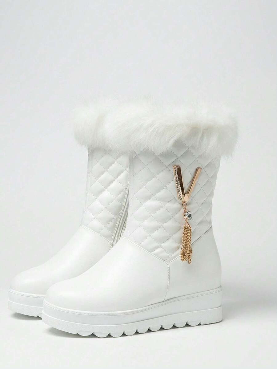 Must-Have Winter Metallic Pendant Thickened Plush Casual Fashion Mid-Calf Height-Increasing Snow Boots With Lining,Fur Boots - White - View 1