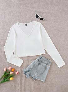 SHEIN EZwear Talla grande Camiseta unicolor de cuello V - Blanco - Ver 1