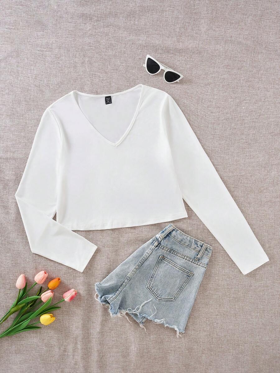 SHEIN EZwear Talla grande Camiseta unicolor de cuello V - Blanco - Ver 1