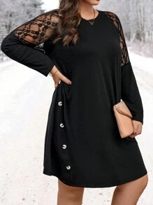 SHEIN CURVE+ 大碼蕾絲拼接插肩袖紐扣細節直筒洋裝 - 黑色 - 查看 5