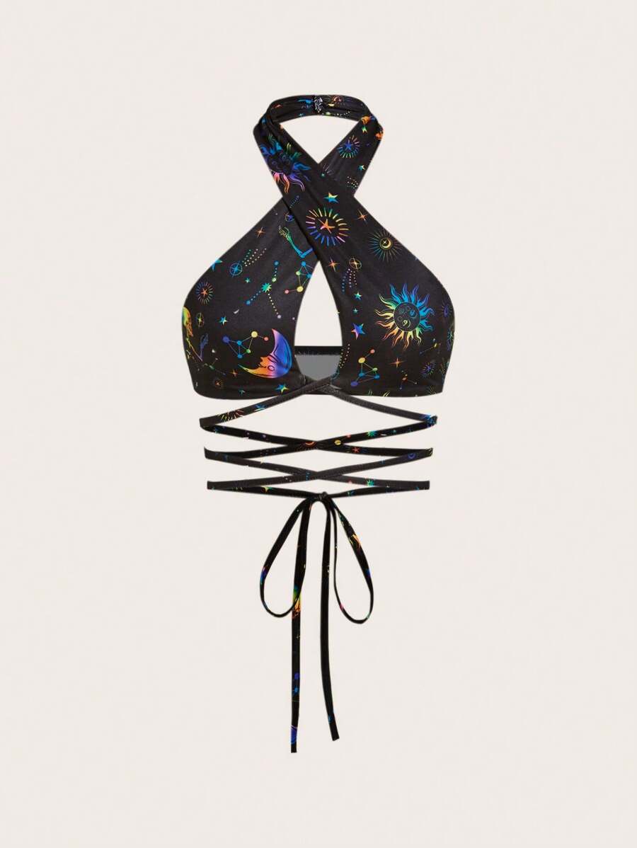 SHEIN ICON 星空圖案十字交叉後背繫帶掛脖上衣 - 橘色 - 查看 1