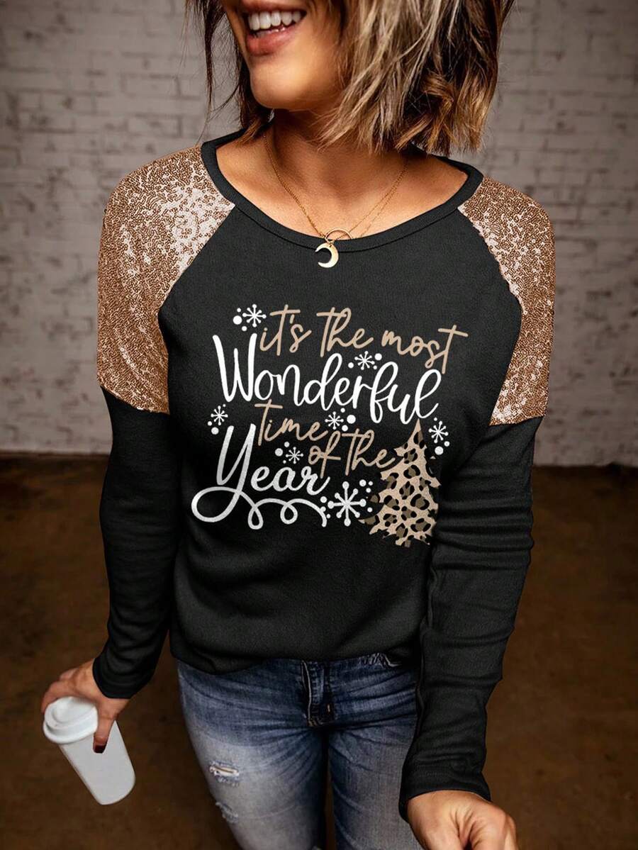 Camiseta con estampado de Navidad con lentejuelas de manga raglán - Multicolor - Ver 1