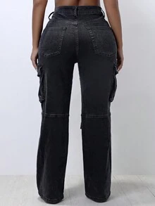 女士休闲街头风卷边弹力工装牛仔裤 - 灰色 - 查看 6