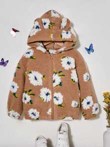 Young Girl Floral Pattern 3D Ear Design Hooded Jacket - Khaki - View 1