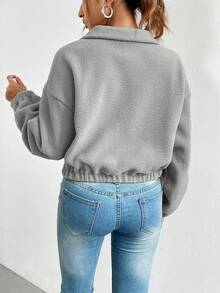 SHEIN Essnce Một nửa khóa kéo Thả vai Mùa vụ Teddy Áo nỉ - Xám - Xem 2