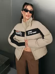Manfinity VCAY 1 件字母图案拼色超宽松棉服外套，适合秋冬 - 彩色 - 查看 5