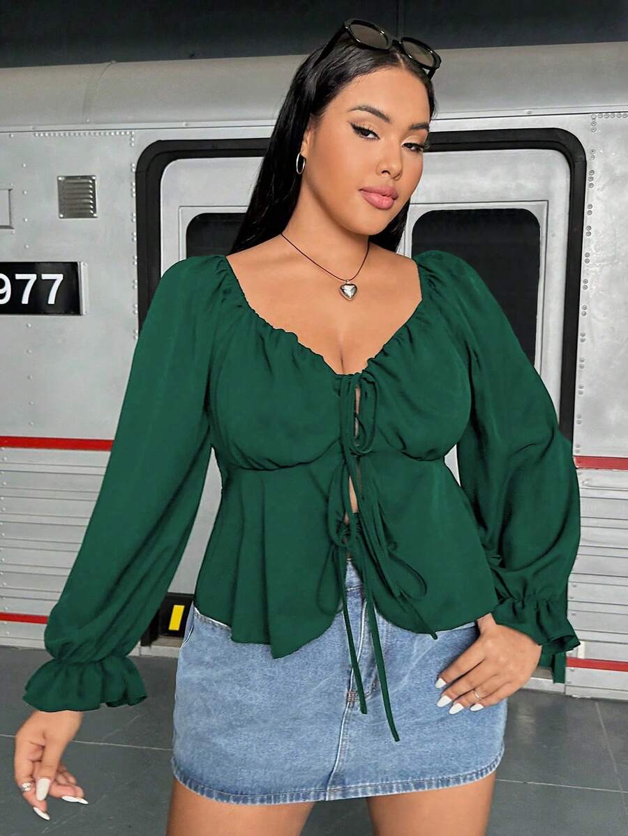 Flirla Plus Size Shirt With Sweetheart Collar And Tie - Green - View 1