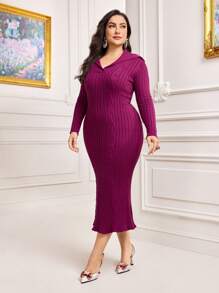 Modelyn Plus Sailor Collar Ribbed Knit Sweater Dress Without Belt