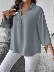 SHEIN Essnce 大碼捲邊袖半排扣襯衫 - 霧霾藍 - 查看 6