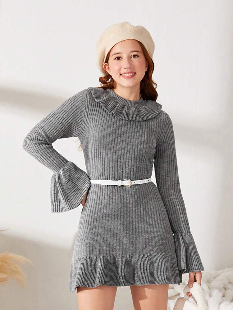 Teen Girl Ruffle Trim Flare Sleeve Sweater Dress Without Belt