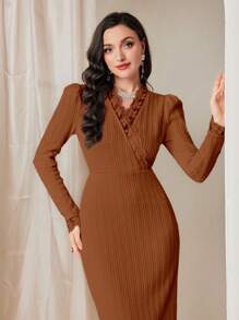 Modelyn 1pc Contrast Embroidery Mesh Trim Split Back Bodycon Dress Without Belt Long Evening Dresses - Brown - View 4