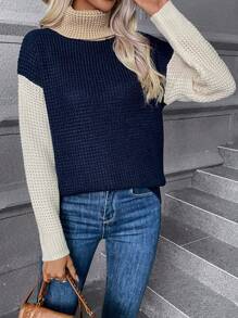 SHEIN Essnce 撞色高領落肩袖套頭毛衣 - 寶藍色 - 查看 4