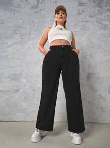 SHEIN EZwear Quần Denim kích thước lớn Nút Túi Dây kéo màu trơn - màu đen - Xem 1