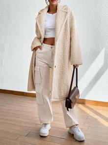 SHEIN Unity Cổ áo Thả vai Flannelette áo - Màu be - Xem 4