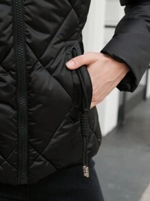 女士休闲纯色仿毛领连帽加厚外套，冬季 - 黑色 - 查看 7