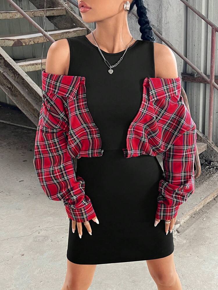 Tartan Print Cold Shoulder 2 In 1 Dress
