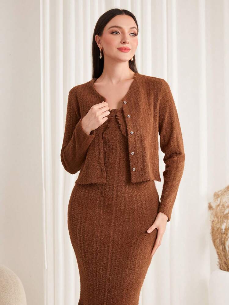 Solid Button Front Jacket & Mermaid Hem Cami Dress