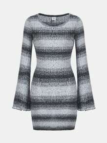 Chica preadolescente Vestido de ombré de manga con volante tejido de canalé - Gris Claro - Ver 1