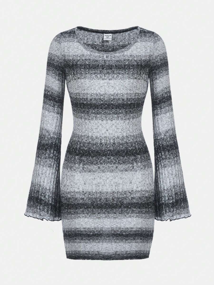 Chica preadolescente Vestido de ombré de manga con volante tejido de canalé - Gris Claro - Ver 1