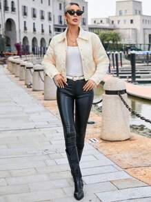 SHEIN Clasi 女士纯色单排扣短款休闲加厚棉衣外套，冬季服装 - 杏色 - 查看 4