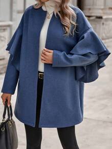 SHEIN Clasi Ruffle Trim Open Front Tweed Overcoat - Navy Blue - View 4
