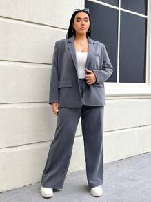 SHEIN EZwear Plus Lapel Neck Blazer & Pants - Grey - View 1