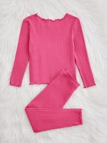 Chica Joven Conjunto de pijama ribete en forma de lechuga tejido de canalé - Rosa Fucsia - Ver 2
