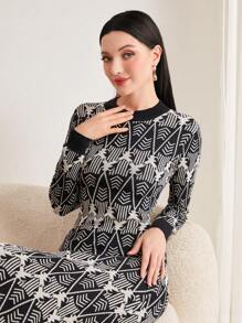 Mulvari Họa tiết Toàn thân Viền tương phản Đầm Áo len - màu đen - Xem 4