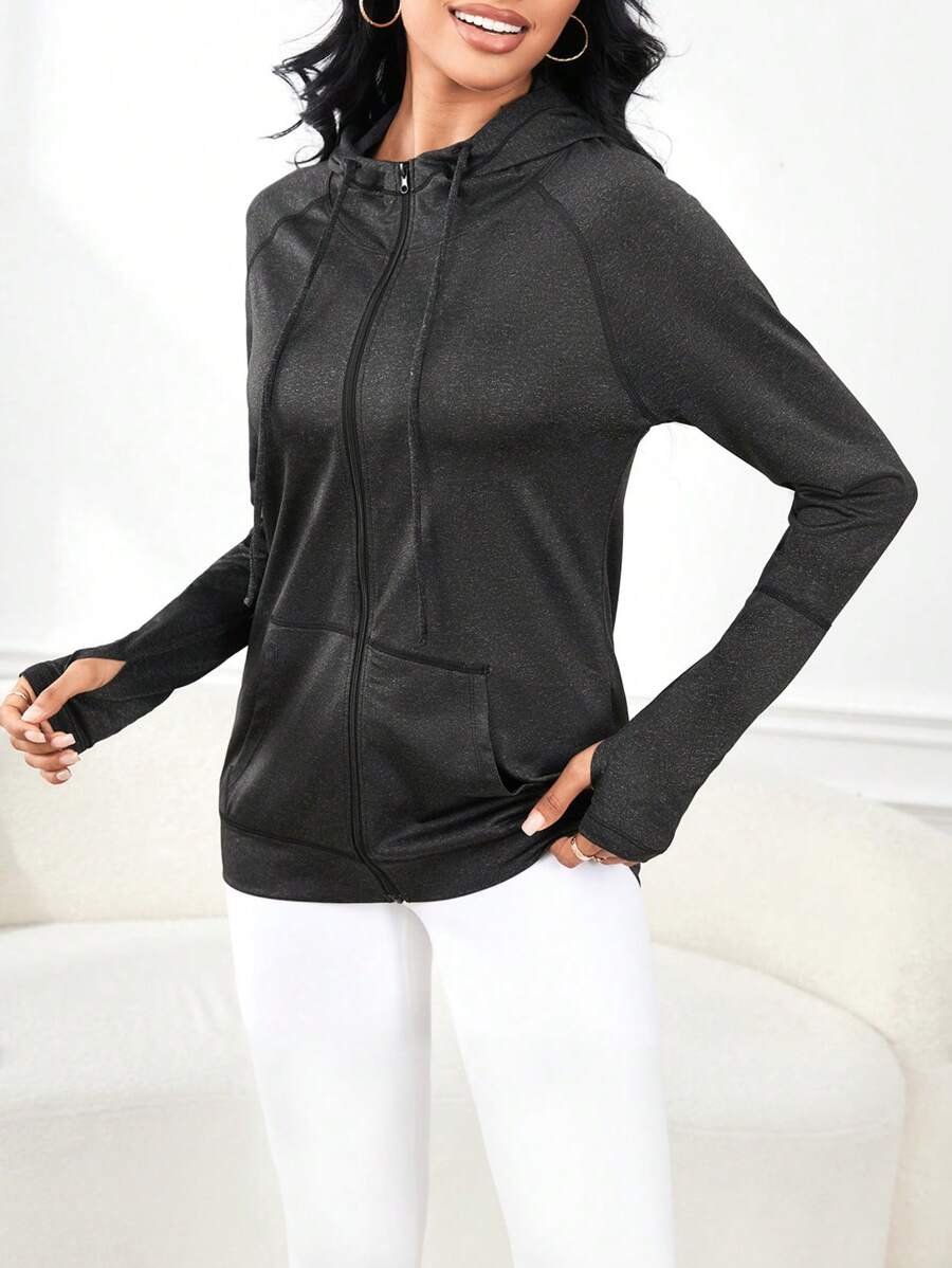 Yoga Basic 插肩袖抽繩連帽運動夾克 - 深灰色 - 查看 1