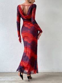 Allurite 滿版印花魚尾裙下擺網紗洋裝 - 玫紅色 - 查看 1