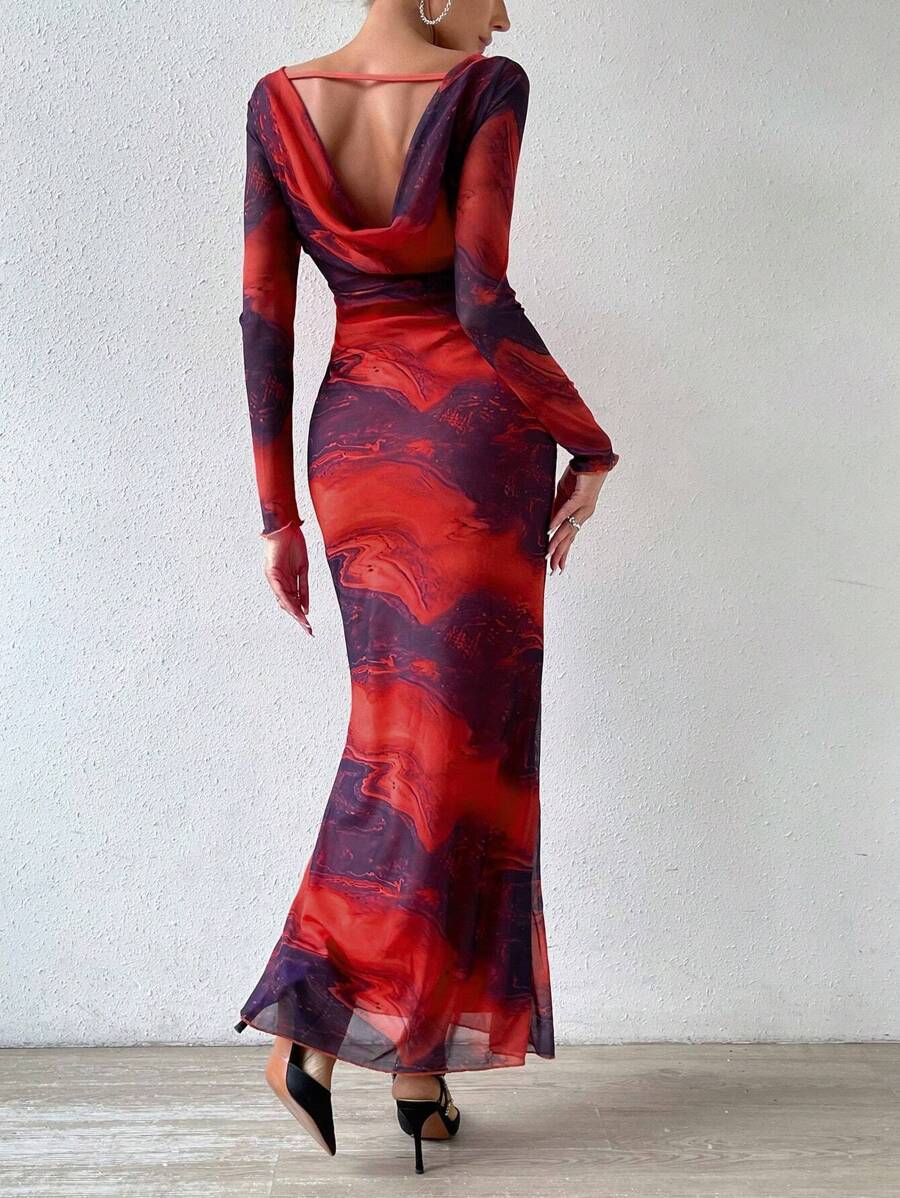 Allurite 滿版印花魚尾裙下擺網紗洋裝 - 玫紅色 - 查看 1