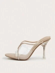 透明鞋面婚禮派對女士高跟拖鞋,圓頭,鑲有鑽石的鞋面 - 杏色 - 查看 2