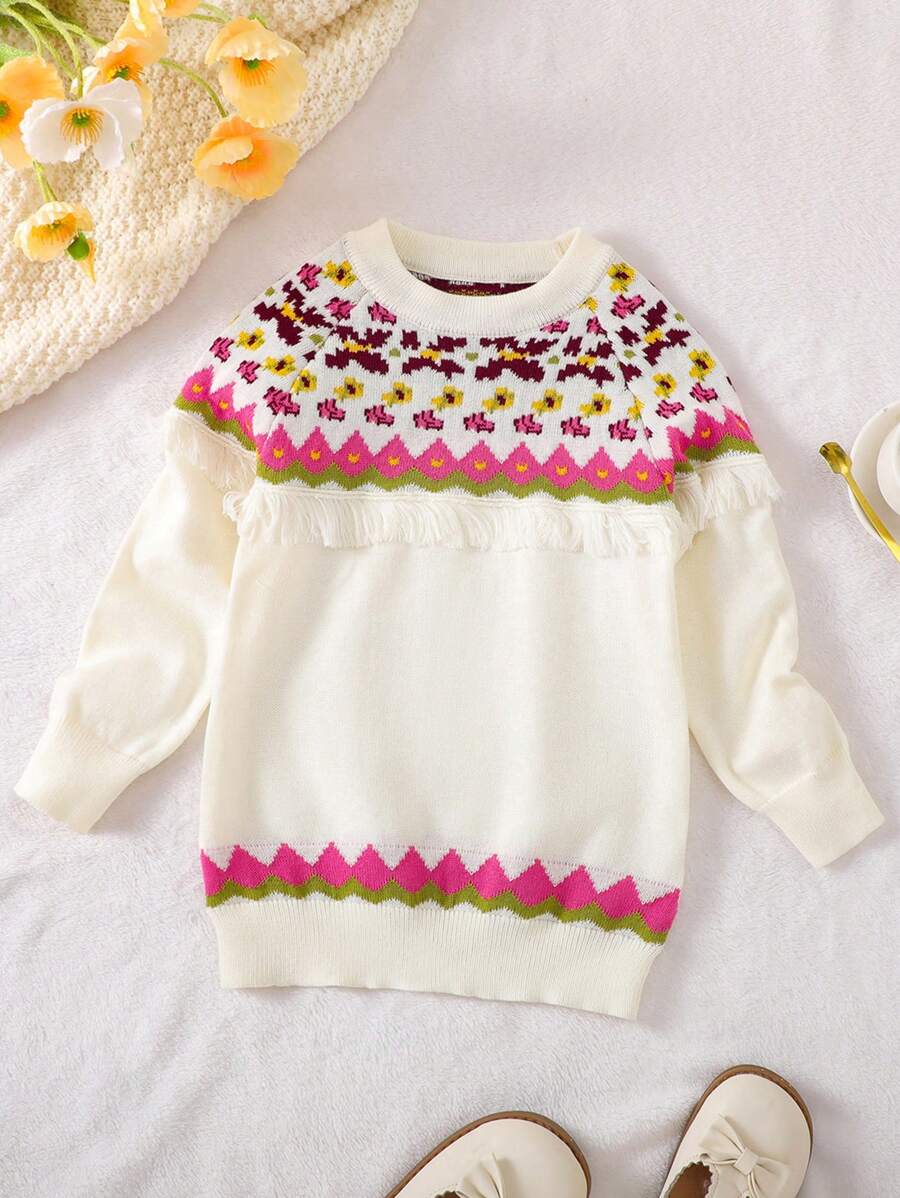 SHEIN Cô Gái Trẻ Mẫu Geo Viền rìa Tay Raglan Đầm Áo len - Màu Hồng baby - Xem 1