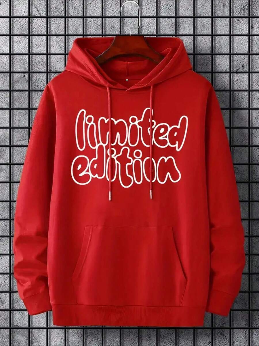 Nam Đồ họa Chữ cái Túi kangaroo Dây rút Hoodie - Đỏ - Xem 1