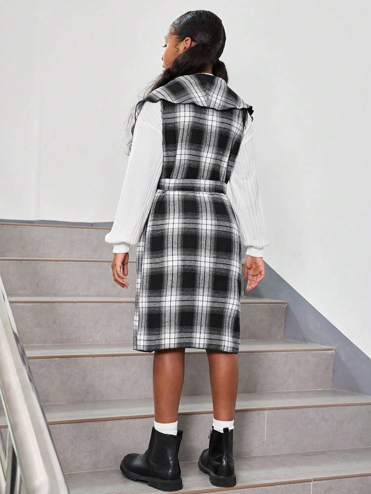 Tween Girls' Knitted Solid Color Half High Collar Long Sweater Dress With Plaid Long Sleeve Cardigan